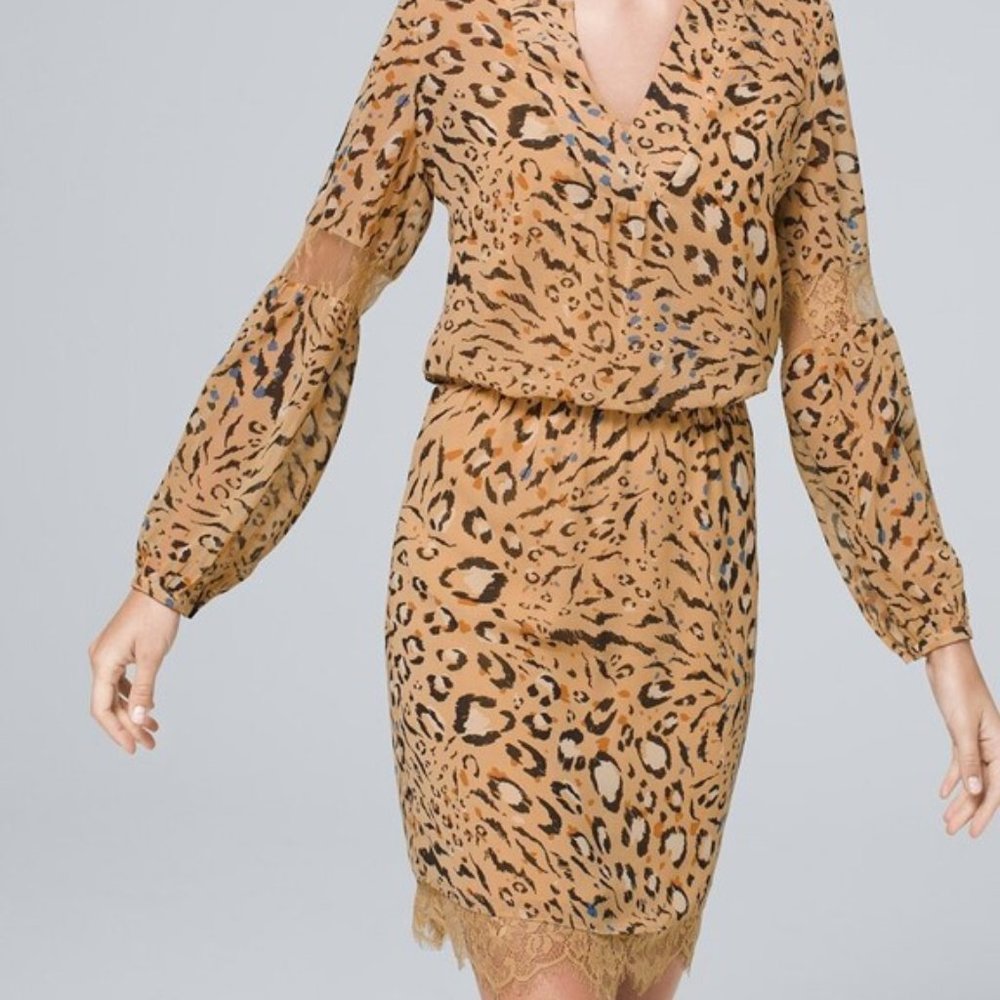 WHBM Lace-Trim Blouson Dress With Abstract-Animal Print NWT